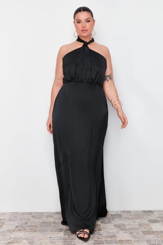 Trendyol Curve Women's Black Plain Maxi Sleeveless Stylish/Night A-line Plus Size Dress
