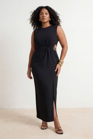 Trendyol Curve Women's Black Plain Maxi Sleeveless Party A-line Plus Size Dress