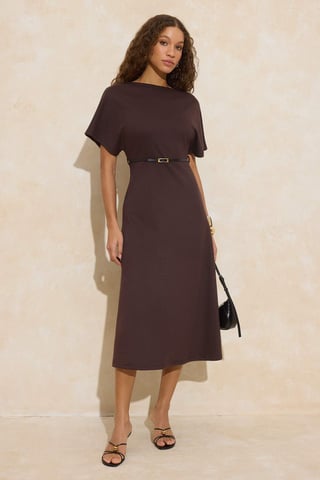 TRENDYOLMİLLA Women's Brown Plain Midi Short Business A-line Dresses