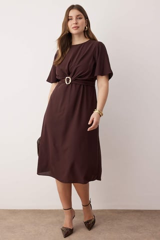Trendyol Curve Women's Brown Plain Midi Short Evening / Daily A-line Plus Size Dress