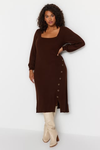 Trendyol Curve Women's Brown Plain Midi Long Casual Bodycon Plus Size Dress