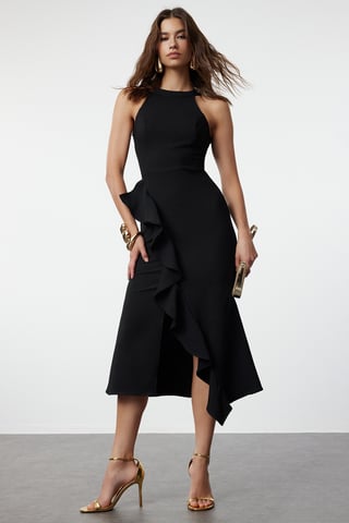 TRENDYOLMİLLA Women's Black Plain Midi Sleeveless Stylish/Night Asymmetric Dresses