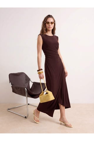 TRENDYOLMİLLA Women's Brown Plain Midi Sleeveless Business A-line Dresses