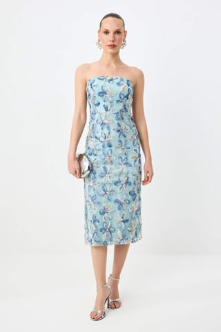 TRENDYOLMİLLA Women's Blue Floral Midi Sleeveless Shift Dresses