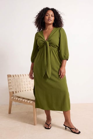 Trendyol Curve Women's Green Plain Midi Three-Quarter Sleeve Casual A-line Plus Size Dress