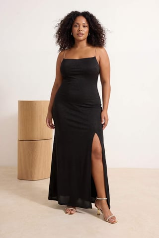 Trendyol Curve Women's Black Plain Maxi Sleeveless Stylish/Night A-line Plus Size Dress