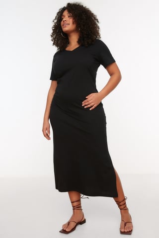 Trendyol Curve Women's Black Plain Midi Short Casual Shift Plus Size Dress