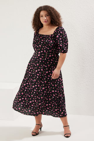 Trendyol Curve Women's Black Polka dot Midi Short Casual A-line Plus Size Dress