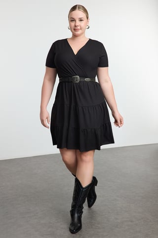 Trendyol Curve Women's Black Floral Short / Mini Short Casual Skater Plus Size Dress