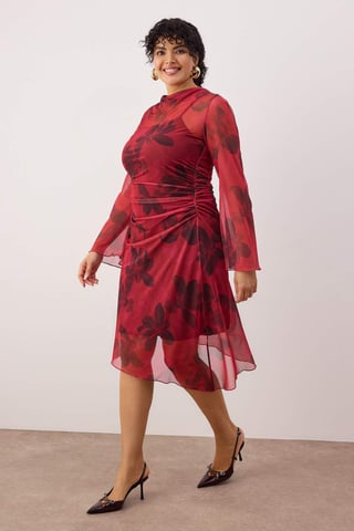 Trendyol Curve Dam Röd Blommig Kort / Mini Lång Casual A-linje Plus size Klänning