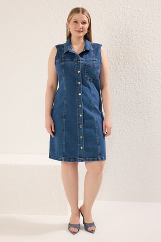 Trendyol Curve Women's Blue Plain Short / Mini Sleeveless Casual Shift Plus Size Dress