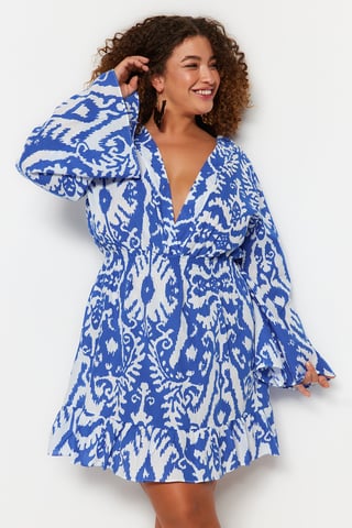 Trendyol Curve Women's Blue Ethnic pattern Short / Mini Long Beachwear Skater Plus Size Dress