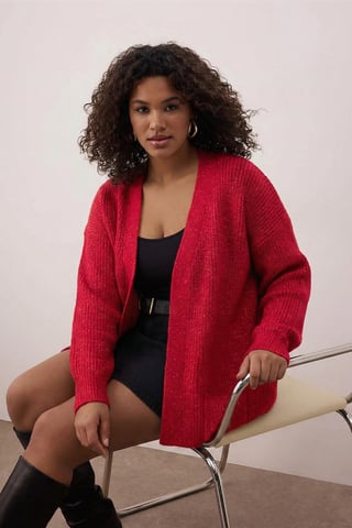 Trendyol Curve Women's Red Plain Long Regular fit Plus Size Cardigans