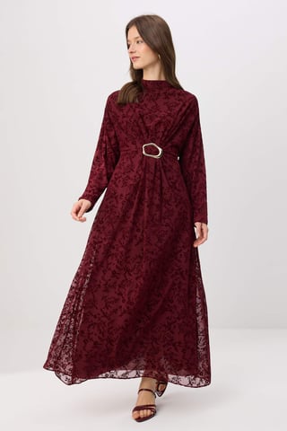 Trendyol Modest Women's Burgundy Floral Maxi Long A-line Modest Evening Dresses