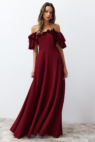 TRENDYOLMİLLA Women's Burgundy Plain Maxi Sleeveless Graduation / Prom A-line Evening & Prom Dress