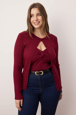 Trendyol Curve Dam Vinröd Enfärgad Lång Figursydd Plus size Koftor