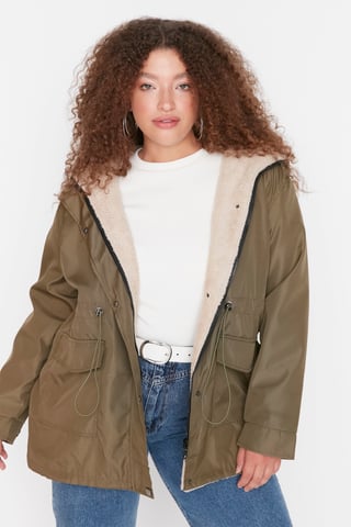 Trendyol Curve Women's Khaki Plain Long Regular fit Plus Size Coats