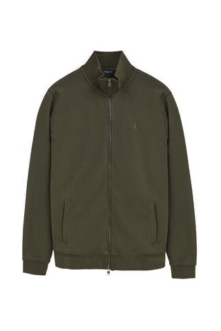Legergroene sweater met rits, hoge kraag en geborduurd Rigby Go-logo