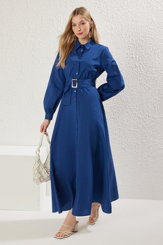 Trendyol Modest Women's Blue Plain Maxi Long Business Shirt dress Modest Dresses