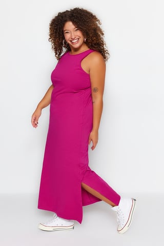 Trendyol Curve Women's Pink Plain Maxi Sleeveless Casual Shift Plus Size Dress