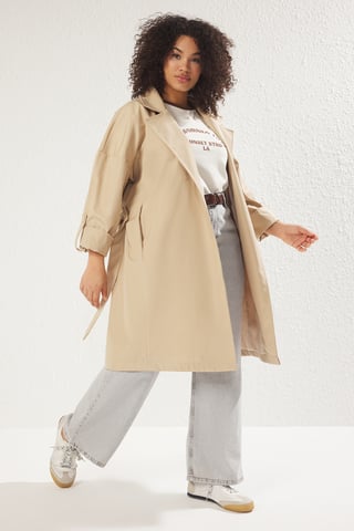 Trendyol Curve Women's Beige Plain Oversize Plus Size Trench Coats