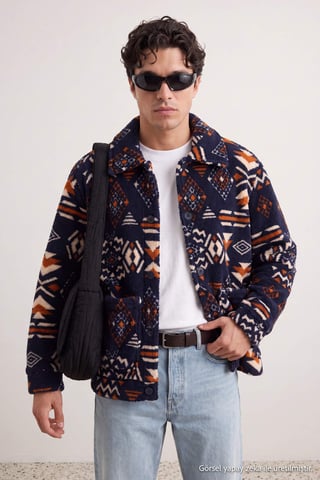 TRENDYOL MAN Men's Dark blue Graphic Long Oversize Winter Jackets