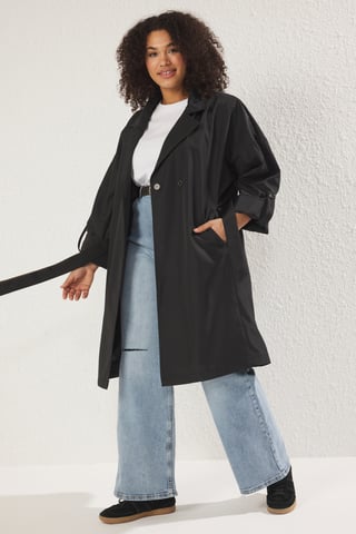 Trendyol Curve Women's Black Plain Oversize Plus Size Trench Coats