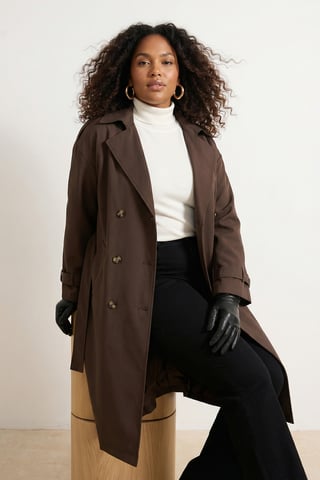 Trendyol Curve Women's Brown Plain Oversize Plus Size Trench Coats