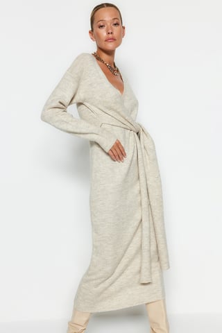 TRENDYOLMİLLA Women's Gray Plain Midi Long Casual Double-breasted Dresses