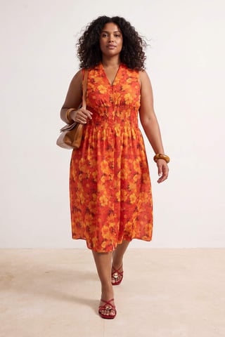 Trendyol Curve Women's Orange Floral Midi Short Shirt dress Plus Size Dress