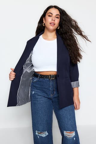 Trendyol Curve Women's Dark blue Plain Long Regular fit Plus Size Blazers