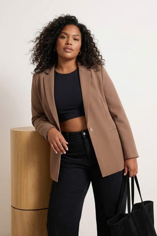 Trendyol Curve Women's Brown Plain Long Regular fit Plus Size Blazers