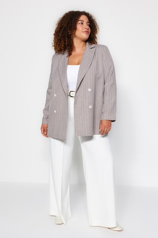 Trendyol Curve Women's Gray Striped Long Relaxed fit Plus Size Blazers