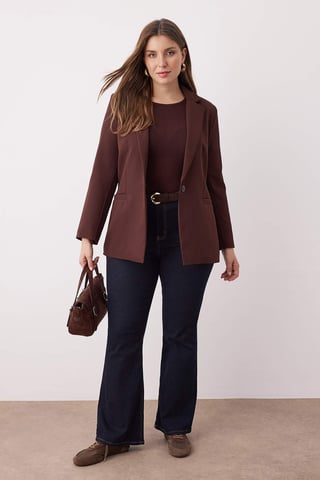 Trendyol Curve Women's Brown Plain Long Regular fit Plus Size Blazers