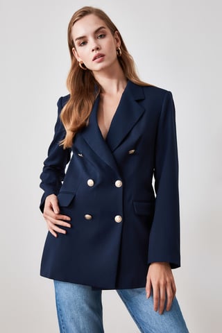 TRENDYOLMİLLA Women's Dark blue Plain Long Oversize Blazers