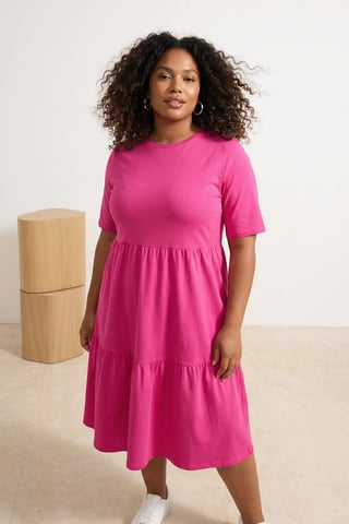 Trendyol Curve Women's Pink Plain Midi Short Casual A-line Plus Size Dress