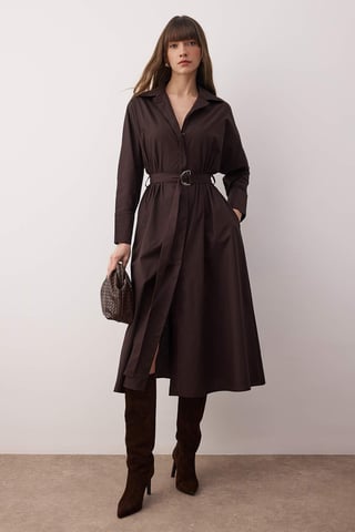 TRENDYOLMİLLA Women's Brown Plain Midi Long Casual Shirt dress Dresses