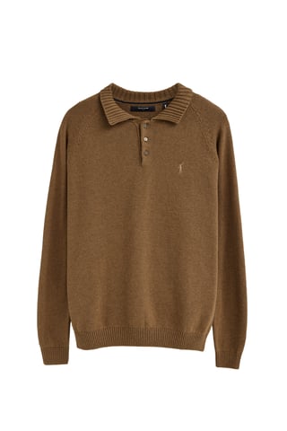 Gemêleerd camelkleurige trui van wolmix met polokraag en geborduurd Rigby Go-logo