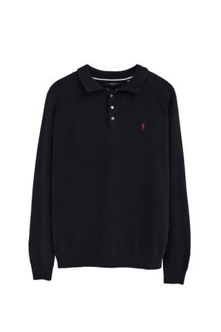 Marineblauwe trui van wolmix met polokraag en geborduurd Rigby Go-logo