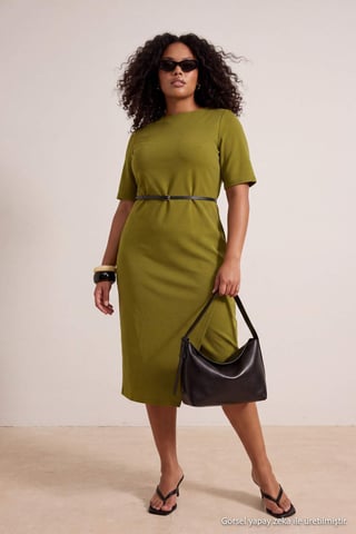 Trendyol Curve Women's Khaki Plain Midi Short A-line Plus Size Dress