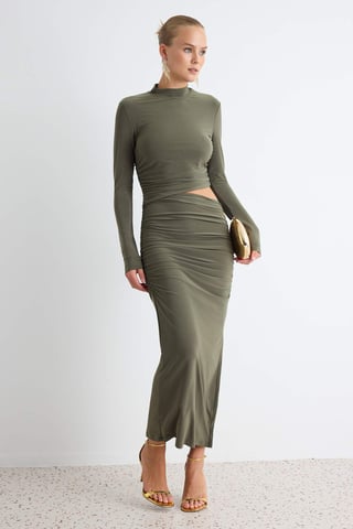 TRENDYOLMİLLA Women's Khaki Plain Midi Long Stylish/Night Shift Dresses