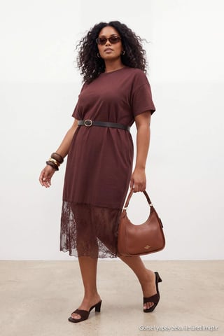 Trendyol Curve Women's Brown Plain Midi Short Shift Plus Size Dress