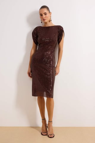 TRENDYOLMİLLA Women's Brown Plain Midi Short Stylish/Night Bodycon Dresses