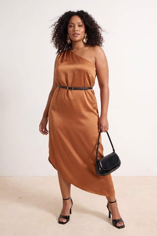 Trendyol Curve Women's Brown Plain Midi Sleeveless Party A-line Plus Size Dress