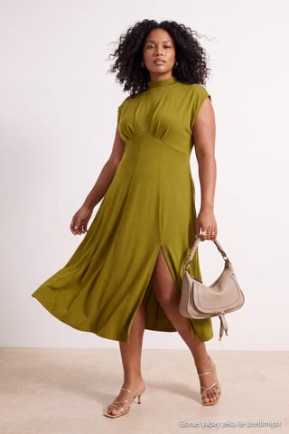 Trendyol Curve Women's Green Plain Midi Sleeveless Skater Plus Size Dress