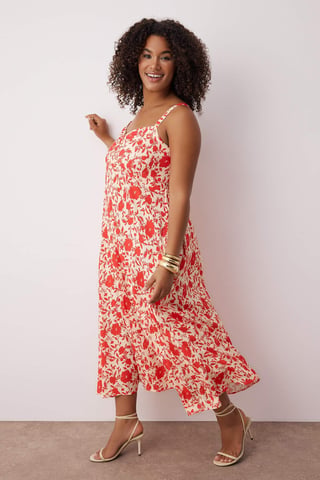 Trendyol Curve Women's Pink Floral Midi Sleeveless Casual Shift Plus Size Dress