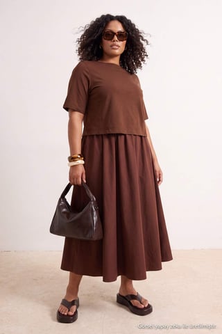 Trendyol Curve Women's Brown Plain Midi Short Shift Plus Size Dress