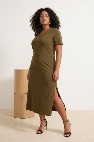 Trendyol Curve Women's Khaki Plain Midi Short Casual Shift Plus Size Dress