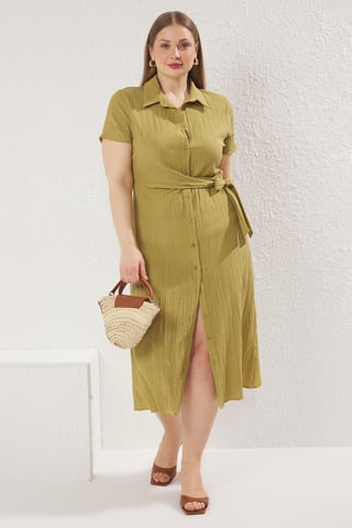 Trendyol Curve Women's Khaki Plain Midi Long Casual Shirt dress Plus Size Dress
