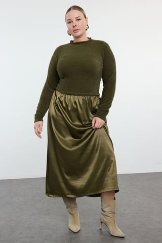Trendyol Curve Women's Khaki Plain Midi Long Casual Skater Plus Size Dress